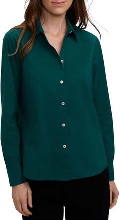 Foxcroft June Stretch Cotton Blend Button-Up Shirt in Deep Teal Green at Nordstrom, Size 16