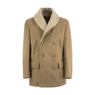Brunello Cucinelli Curly Suede Shearling Pea Coat With Shawl Collar - Heren - Jassen - Beige - Maat: L Su&egrave;de