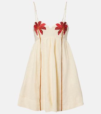 Farm Rio Coconut Tree embroidered linen minidress