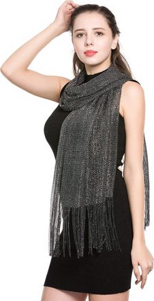 World of Shawls Scarf Wrap for Evening Dresses - Sheer Bridal Womens Scarves for Prom, Wedding, Party (Black With Silver Glitter)