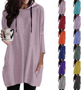 Generic Sweat Dress Womens Oversized Long Jumper Dress Loose Sweatshirt Hoodie Womens Long Sleeve Casual Autumn Dress Plain Casual Dress Long Jumper Casual Tu