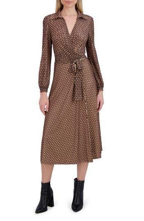 Shelli Segal Angela Reversible Long Sleeve Wrap Front Dress in Brown Multi at Nordstrom Rack, Size 10