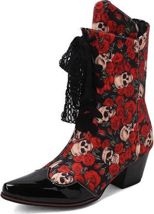 Generic Womens Lace Up Ankle Booties Pointed Toe Chunky Heels Floral Decor Cushioned Insole Durable Upper Non Slip Outsole Party Evening Casual Dress Shoes,Re