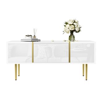 STILVORA Mesa De Centro Con 2 Cajones, Blanco Brillo Con Detalles Met&aacute;licos Dorados, Estilo Moderno, En Mdf, 100&times;60&times;41,5 Cm