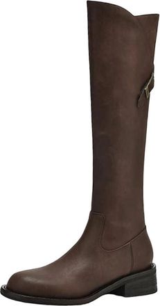 Generic Womens Pot Cow Split Leather Round Toe Mid Heels Riding Boots Zip Belt Knee-High Boots