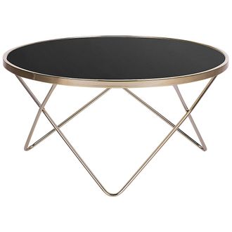 Beliani Beliani - Mesa De Centro Tablero De Cristal Templado Negro Patas De Horquilla De Metal Dorado Forma Redonda Meridian Ii