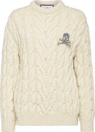 Philipp Plein Wollen Kabel Gebreide Pullover Broche - Dames - Ronde hals truien - Wit - S - Wol - Truien & Vesten