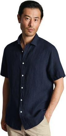 CHARLES TYRWHITT Plain Pure Linen Short Sleeve Shirt in Navy at Nordstrom, Size X-Large