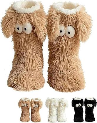Generic Muffle Friends Cozy Socks with Eyes, Womens Winter Warm Fuzzy Non-Slip Slipper Socks, Thick Plush Home Socks with Cute Big Eyes for Indoor Comfort and