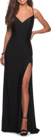 La Femme Long Homecoming Dress with Slit and Criss Cross Back in Black at Nordstrom, Size 16