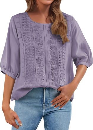 Generic Cocila Spring Deals Womens Casual 3/4 Sleeve T-Shirts Ladies Tops 2025 Summer Embroidery Crew Neck Breathable Pleated Tops Fashion Dressy Tunic Trendy