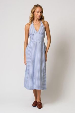 Central Park West Ora Poplin Stripe Halter Dress in Blue at Nordstrom, Size X-Small