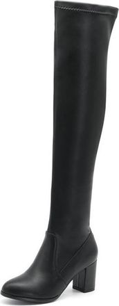 Generic Black,8 UK,Womens Thigh High Chunky Block Heel Over The Knee Boots Round Toe Long Boots Elasticity PU Leather Pull on Wide Calf Design and Comfy