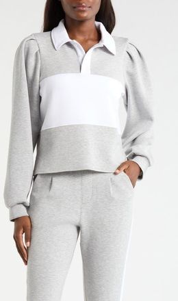 Lord & Taylor Dreamweave Colorblock Puff Sleeve Rugby Shirt in Htr Concrete/Brilliant White at Nordstrom, Size X-Large