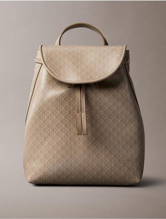Calvin Klein Womens Allover Emblem Logo Backpack - Beige/Khaki