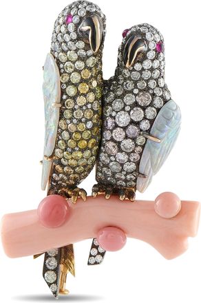 Luxury Bazaar 18K Rose Gold and Sterling Silver 4.20ct Diamond, Opal, and Conch Pearl Lovebirds Brooch MF13-071526