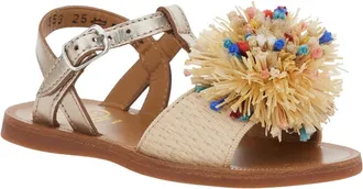 Pom dApi Girls Sandals Gold Laminated Raffia Beige Leather