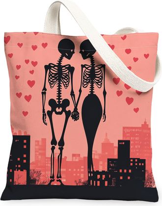 Generic Romantic Valentines Day Canvas Tote Bag for Shopping 13x15, Skeleton Skull Couple Wedding Reusable Grocery Print Bag for Women, Fun Lover Beach Aesthe