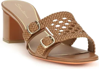 Santoni Womens Woven Leather Sandals Light Brown Calf Bos Taurus