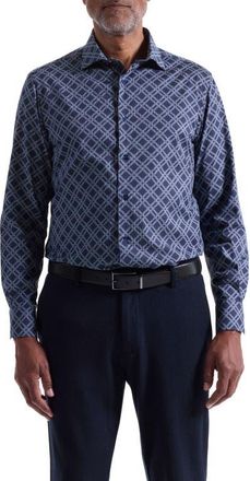 Bugatchi Axel Trim Fit Geo Print Stretch Cotton Button-Up Shirt in Navy at Nordstrom, Size Xx-Large