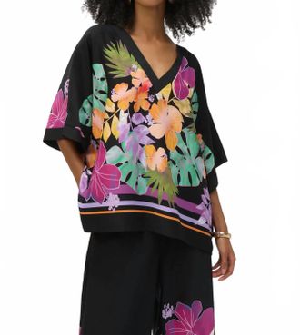 Joseph Ribkoff Floral Print Three Quarter Sleeve Boxy Top In Black/multi