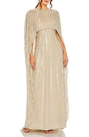 Mac Duggal Embellished Beaded Column Cape Gown in Champagne at Nordstrom, Size 12