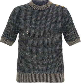 Balmain Top met Lurex Garen en Glanzende Pailletten - Dames - Ronde hals truien - Blauw - 2XS - Pailletten - Truien & Vesten