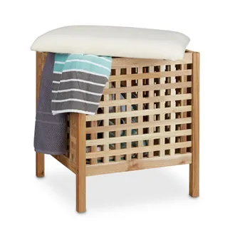 Relaxdays Sgabello Da Bagno, Pouf Contenitore, Cuscino Imbottito, Portabiancheria, Hlp 52x49x49 Cm, Legno, Natura Bianco - Relaxdays