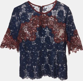Sandro Navy Blue/burgundy Floral Lace Short Sleeve Blouse