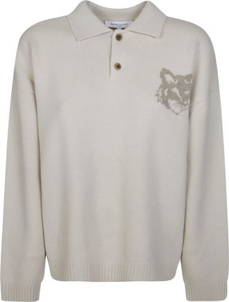 Maison Kitsun&eacute; Intarsia Fox Head Merino Wool Polo Sweater