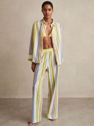 Reiss Green & blue Linen-blend Stripe Long-sleeve Shirt, XS