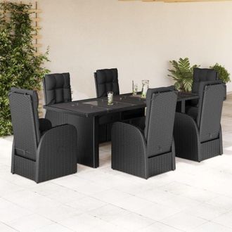 vidaXL Set De Comedor De Jard&iacute;n 7 Pzas Y Cojines Rat&aacute;n Sint&eacute;tico Negro