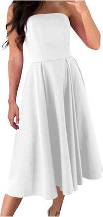 Generic Bandeau Dresses for Women UK Off Shoulder Casual Midi Dresses Elegant Office Work Formal Dress Ladies Swing Holiday Sundress Strapless Sleeveless Sexy