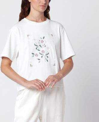 Max Mara White T-shirt in cotton with floral embroidery