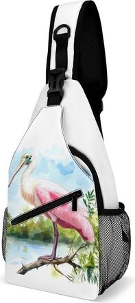 Generic Roseate Spoonbill Watercolor Mens Shoulder Bags Sling Crossbody Backpack Travel Hiking Chest Bag with Small Side 38x20cm