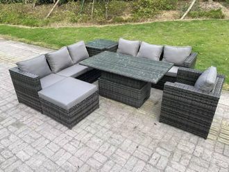 Fimous 8 Seater Outdoor Rattan Sofa Set Adjustable Lifting Side Tables Chairs Footstool in Dark Grey