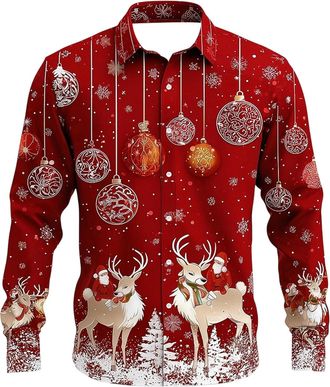 Generic Christmas Shirts for Men Big and Tall Xmas Snowflake Graphic Print Funny Dressy Casual Blouse Long Sleeve Button-Down Lapel Novelty Shirts Holiday Par