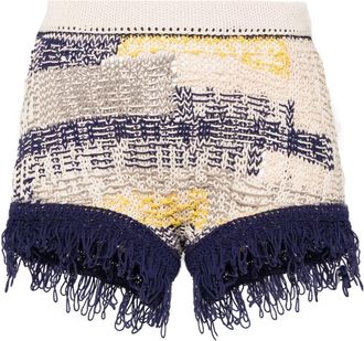 Sportmax fringed intarsia-knit mini shorts - women - Cotton - S - Neutrals