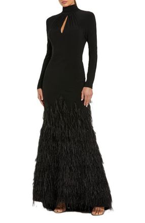 Mac Duggal Jersey Long Sleeve High Neck Feather Gown in Black at Nordstrom, Size 12