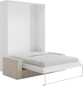 Vente-Unique Cama abatible 140 x 200 cm - Apertura vertical manual - Blanco + Sof&aacute; - BEGANIO