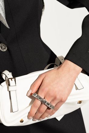 Versace Two-finger Ring Finished With Shimmering Crystals, Womens, Silver