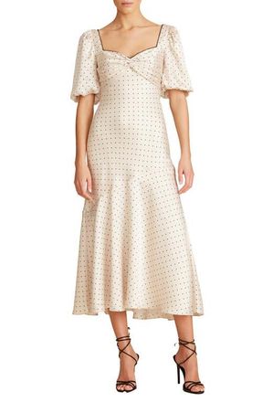 Monique Lhuillier Polka Dot Satin Midi Dress in Ivory at Nordstrom, Size 16