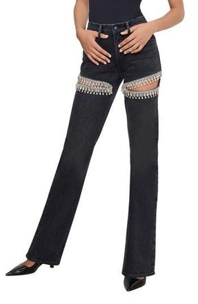Good American Good Icon Crystal Embellished Cutout Straight Leg Jeans in Black376 at Nordstrom Rack, Size 14