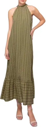 Melloday Stripe Mock Neck Maxi Sundress in Olive Stripe at Nordstrom, Size X-Large