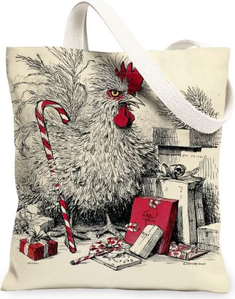 Generic Christmas Chicken Canvas Tote Bags, Vintage Bird Illustration Reusable Grocery Bags, Holiday Lightweight Washable Shoulder Strap Canvas for Shopping T