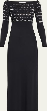 Paco Rabanne Grommet Off-The-Shoulder Long-Sleeve Maxi Dress