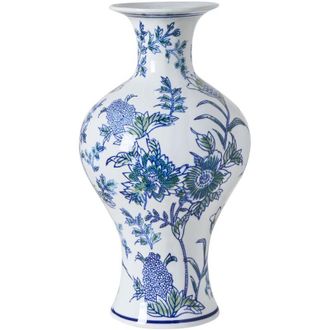 Beliani Flower Vase White and Blue Porcelain Decorative Table Accessory Antique Vintage BERGA