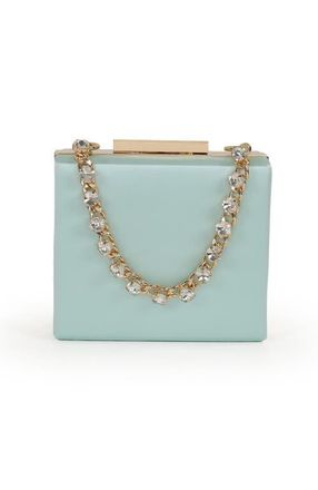 Badgley Mischka Billie Mini Box Clutch with Rhinestone Chain in Light Mint Green at Nordstrom, Size Small
