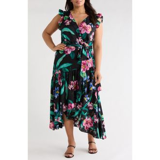 Anne Klein Print Ruffle High-Low Faux Wrap Maxi Dress in Anne Black Multi at Nordstrom, Size 18 W