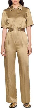 Sandro Sisteron Satin Zip Jumpsuit in Kaki at Nordstrom Rack, Size 2-4 Us / 36 Eu